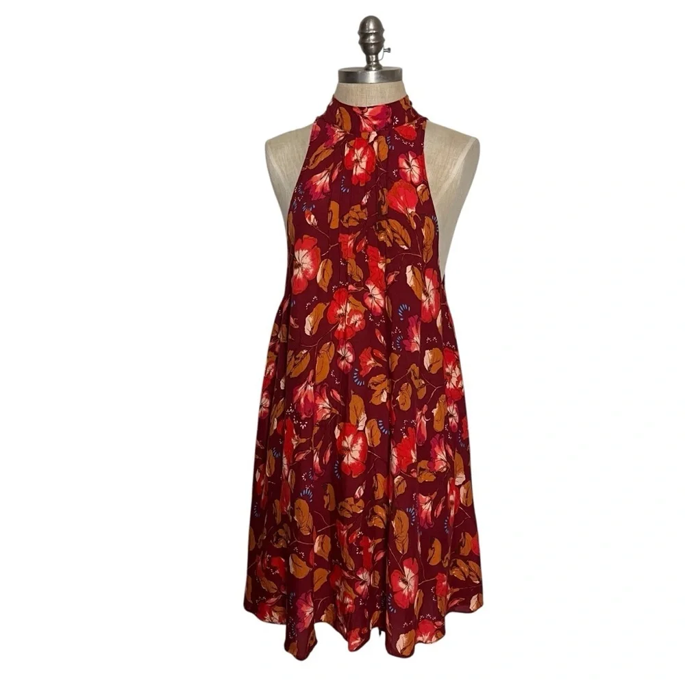 Intimately Free People Beaux Red Multi Floral Mock Neck Backless Slip Dress S